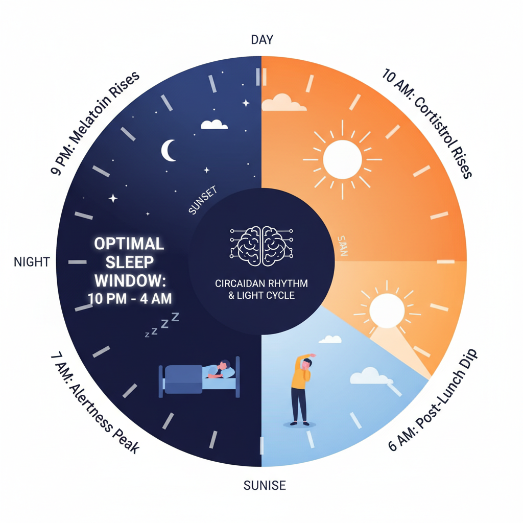 Describing Infographic showing the healthiest sleeping times based on circadian rhythm and light cycles.